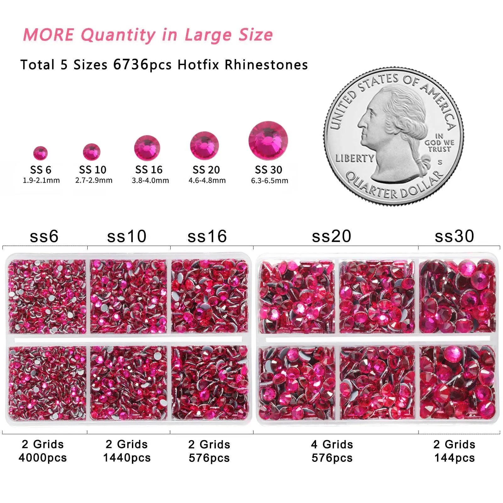 6736pcs Hotfix Rhinestones Flatback,Hot Pink Rhinestones for Crafts Clothes Mixed 5 Sizes, Hotfix Crystals with Tweezers and Wax Pencil Kit, SS6-SS30, Hot Pink
