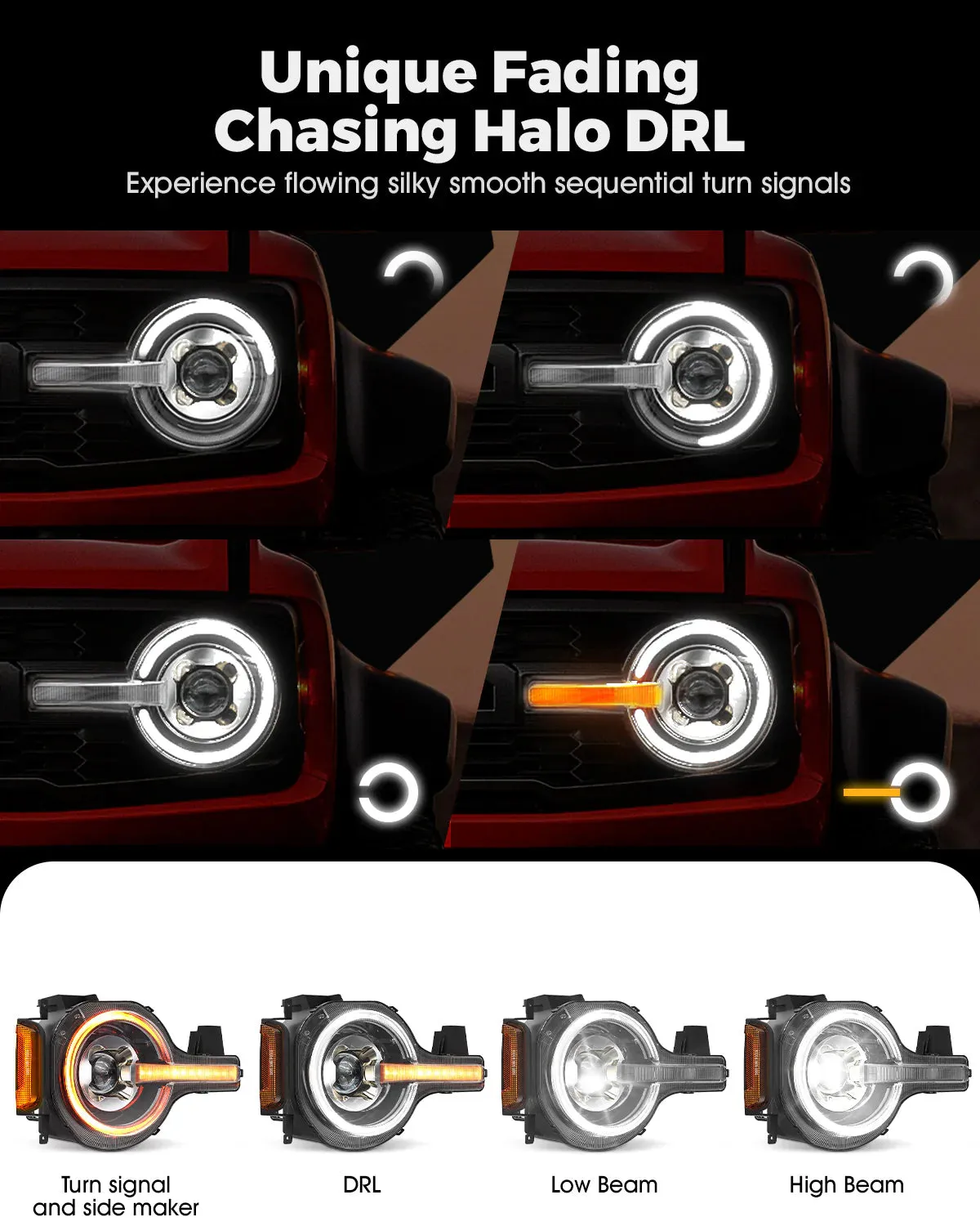 Ford Bronco LED Headlights with DRL & Sequential Turn Signals for 2021-Later