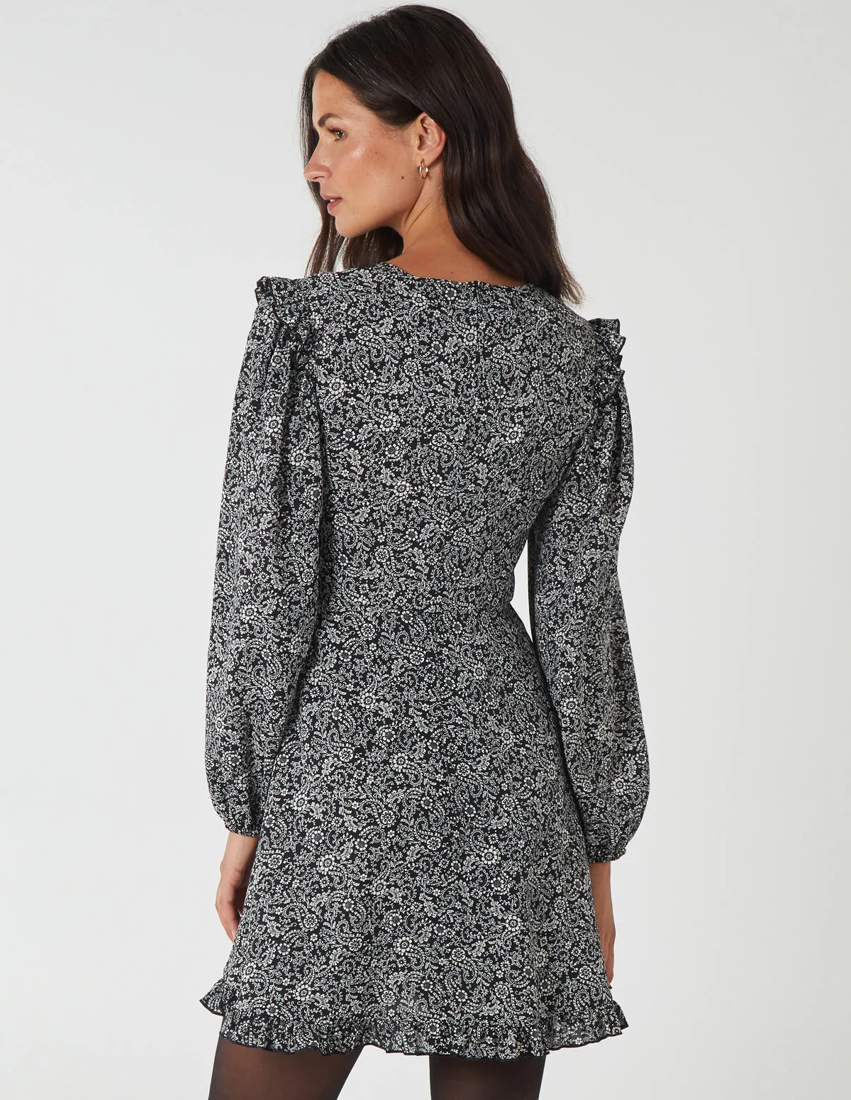 Frill Shoulder Long Sleeve Mini Dress