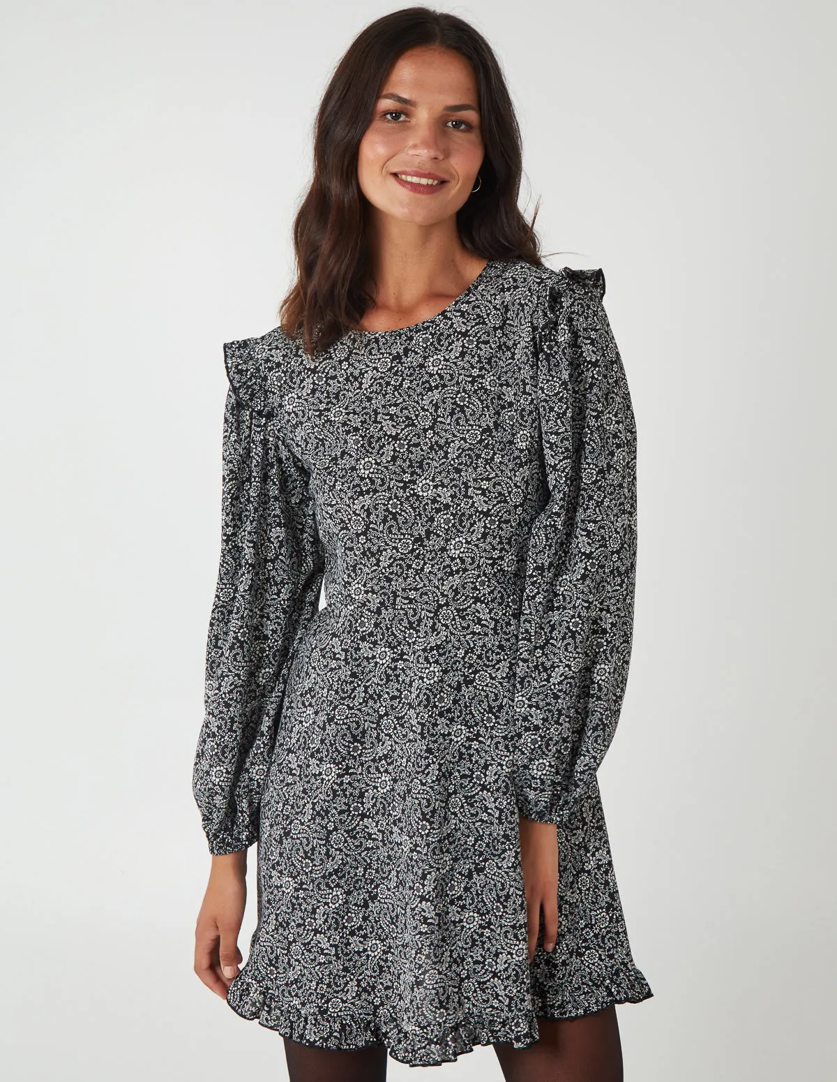 Frill Shoulder Long Sleeve Mini Dress