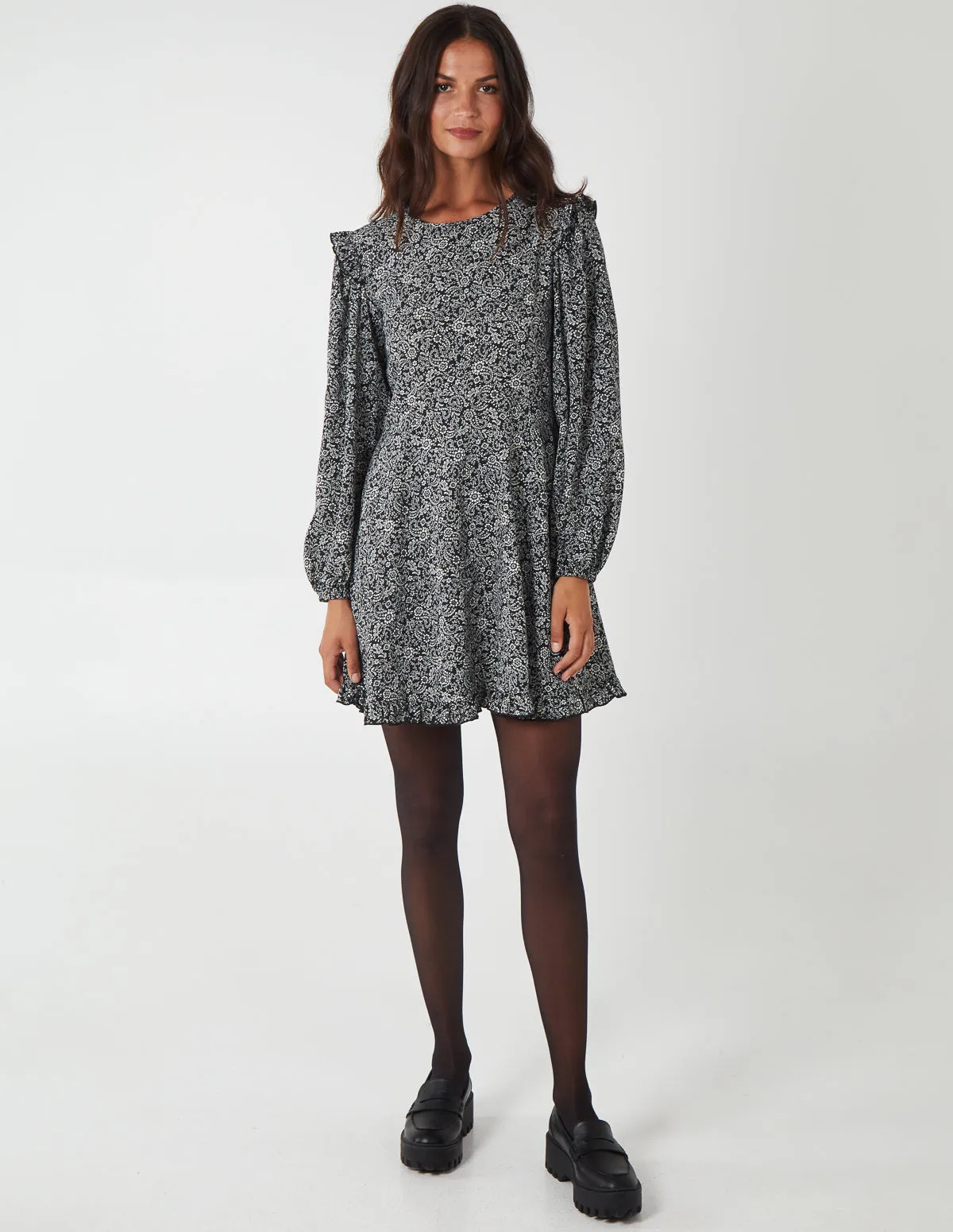 Frill Shoulder Long Sleeve Mini Dress