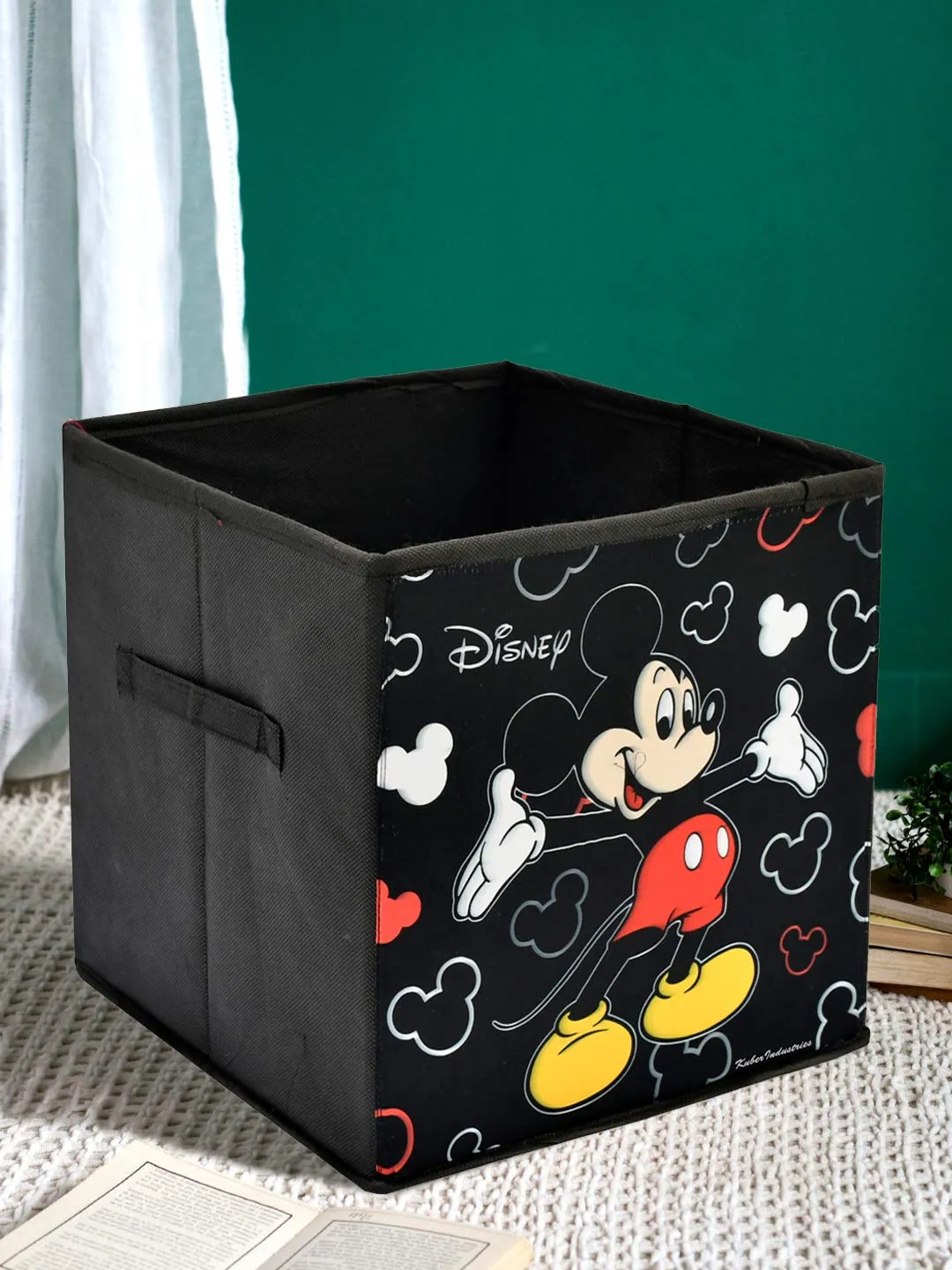 Fun Homes Non Woven Fabric Mickey Mouse Print Foldable Storage Box with Handle (XL, Black)