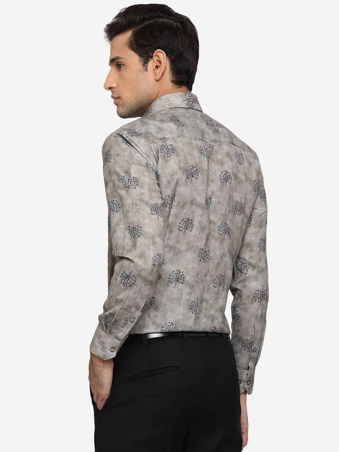 Grey Printed Slim Fit Party Wear Shirt | Greenfibre