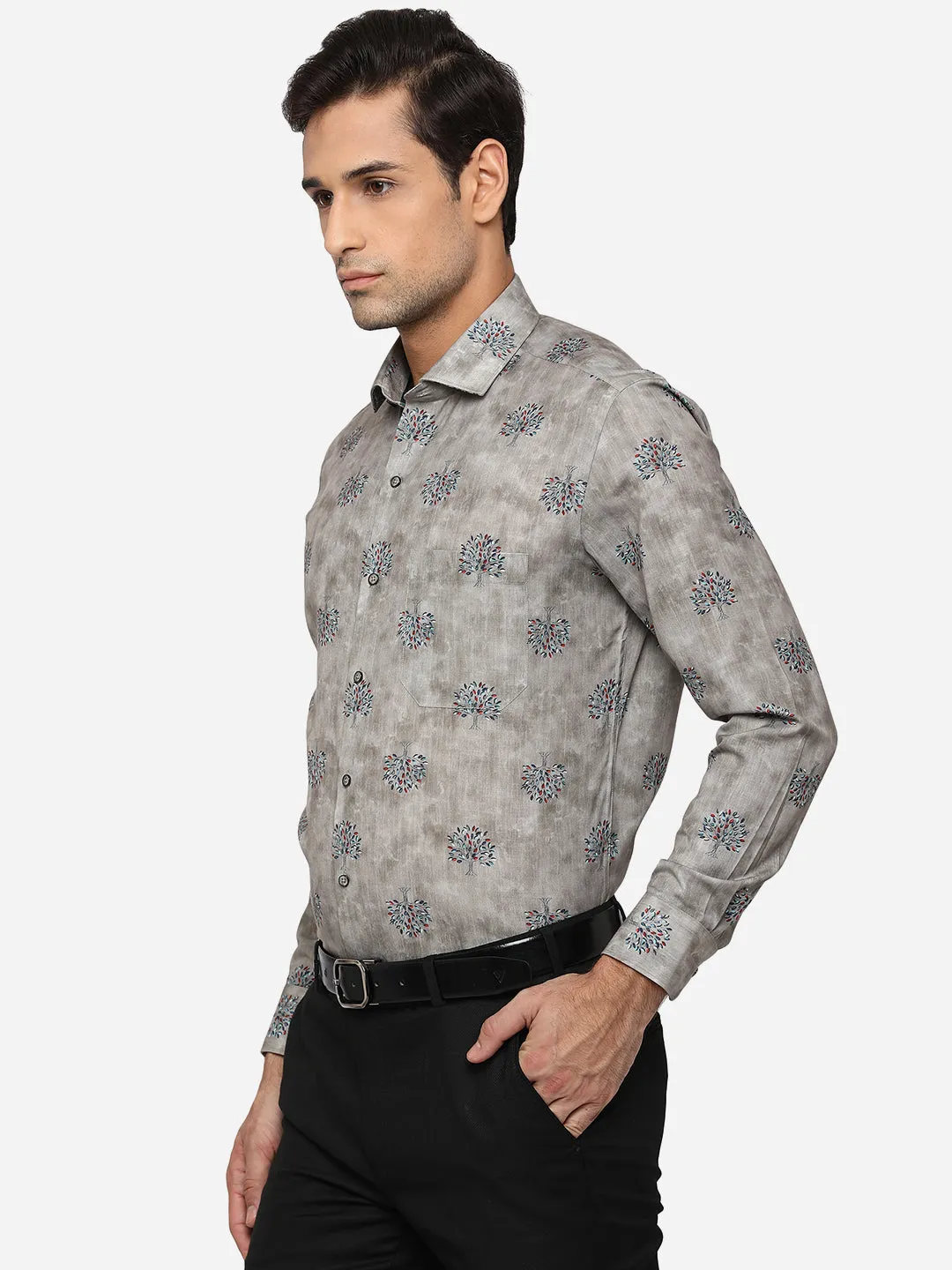Grey Printed Slim Fit Party Wear Shirt | Greenfibre
