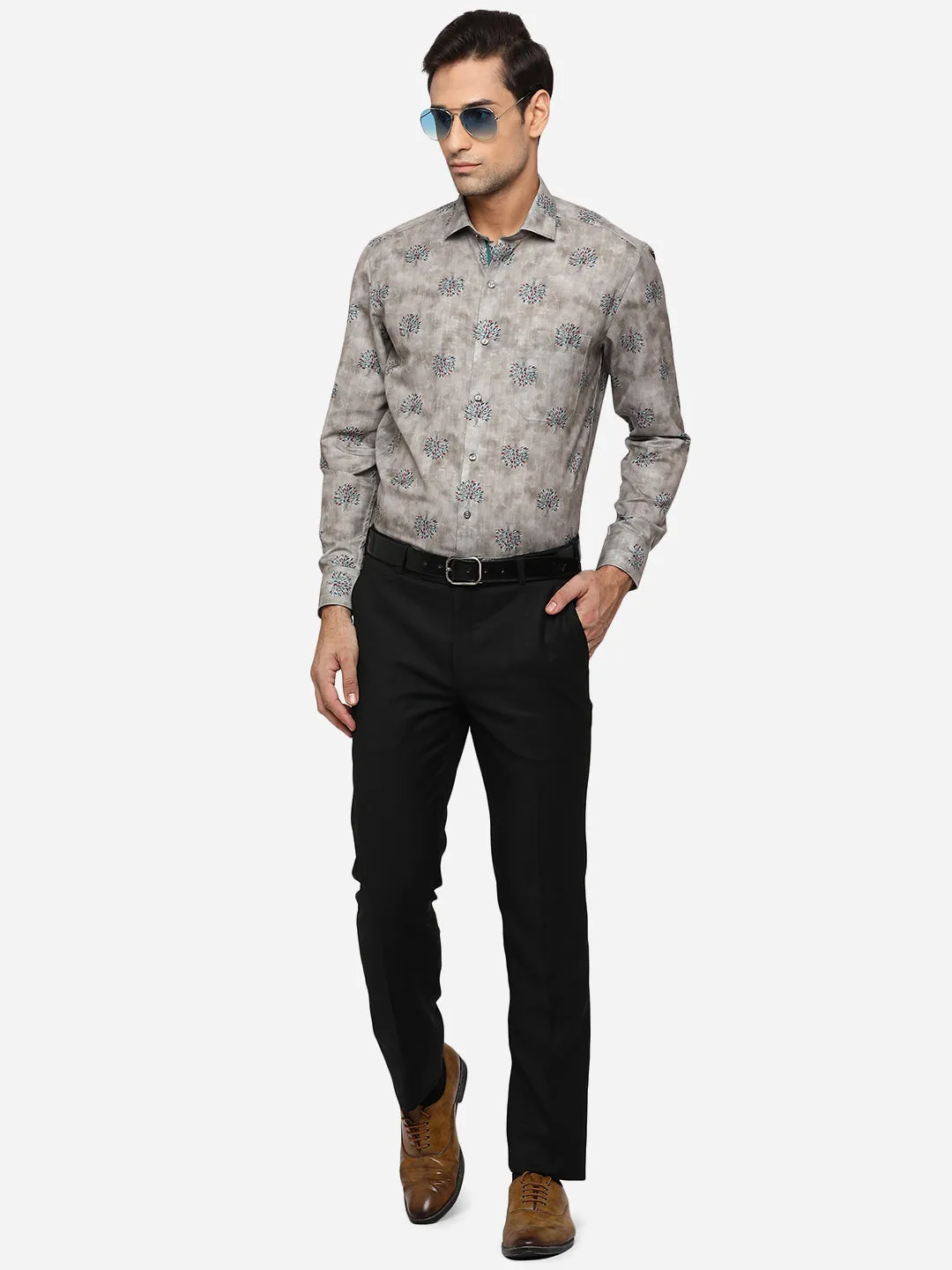 Grey Printed Slim Fit Party Wear Shirt | Greenfibre