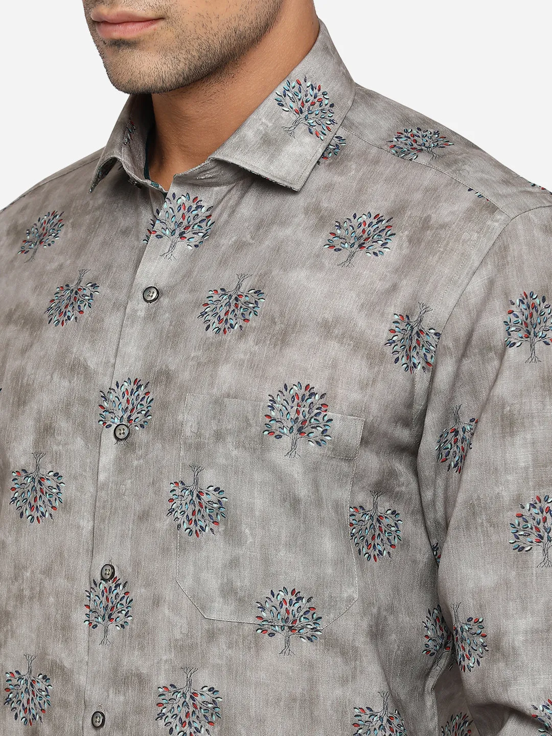 Grey Printed Slim Fit Party Wear Shirt | Greenfibre
