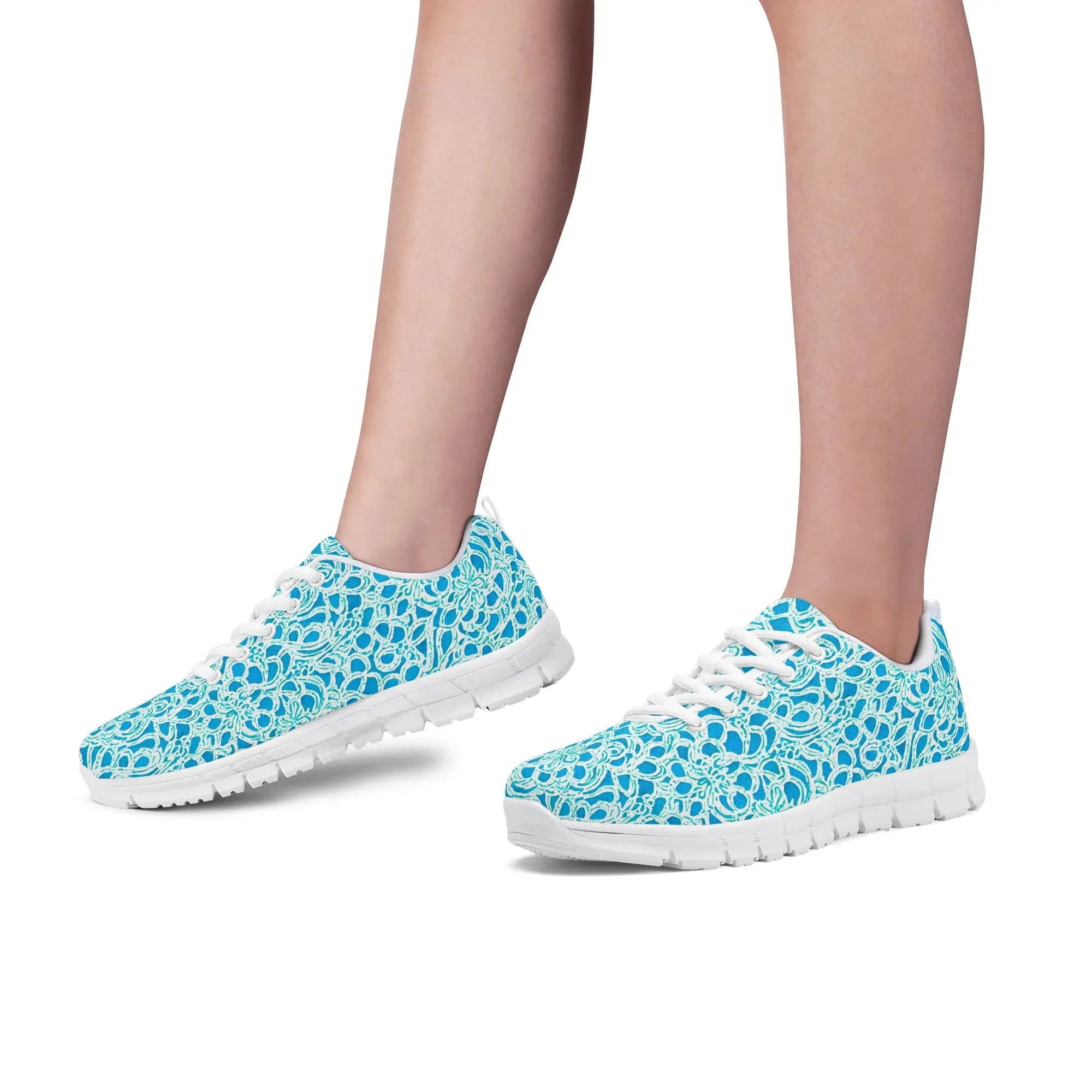 Luminous Swirls: Abstract Watercolor Floral Patterns in Lime Green and Blue Womens EVA Mesh Running Shoes US5-US12