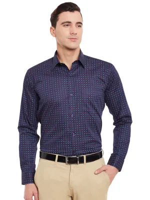 Men Navy and Red Print Pure Cotton Slim Fit Formal Shirt