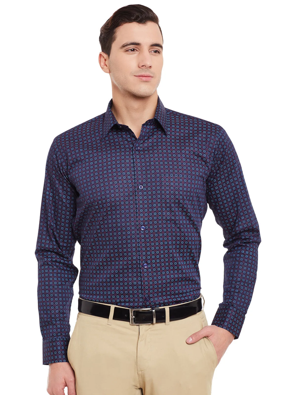 Men Navy and Red Print Pure Cotton Slim Fit Formal Shirt