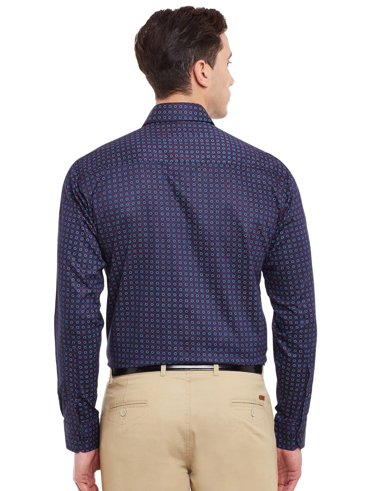 Men Navy and Red Print Pure Cotton Slim Fit Formal Shirt