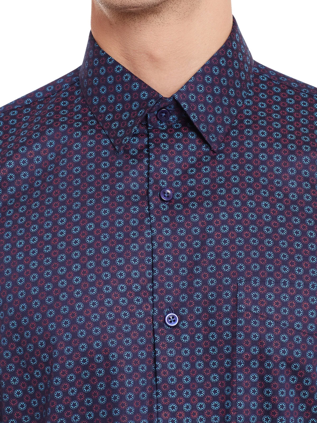Men Navy and Red Print Pure Cotton Slim Fit Formal Shirt