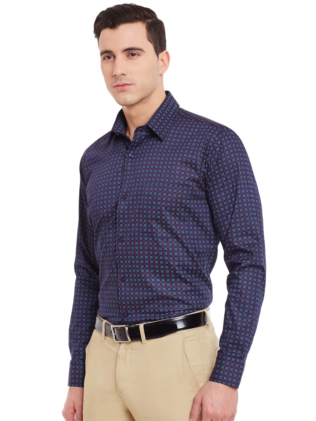 Men Navy and Red Print Pure Cotton Slim Fit Formal Shirt