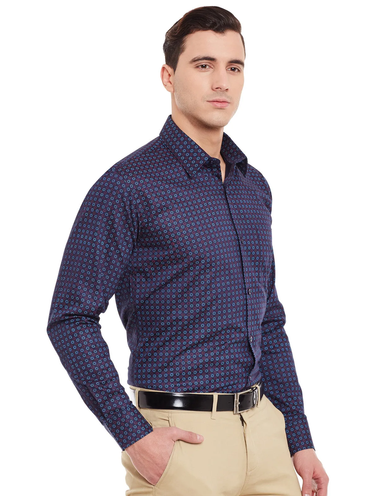Men Navy and Red Print Pure Cotton Slim Fit Formal Shirt