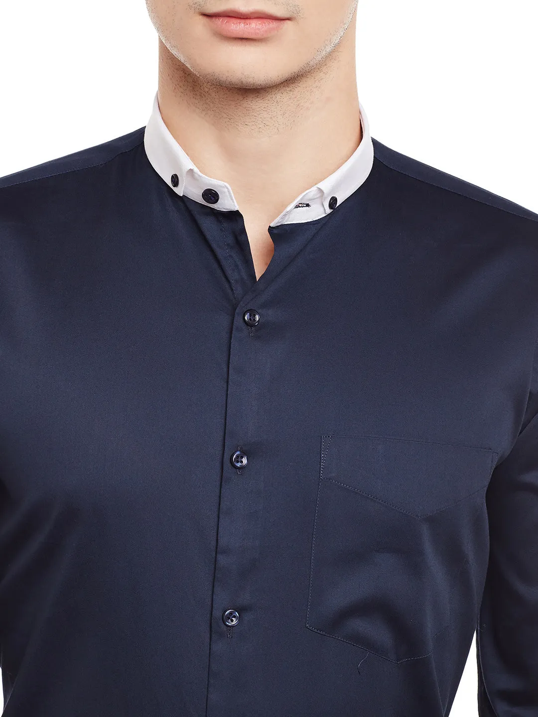 Men Navy Solid Pure Cotton Slim Fit Satin Formal Shirt