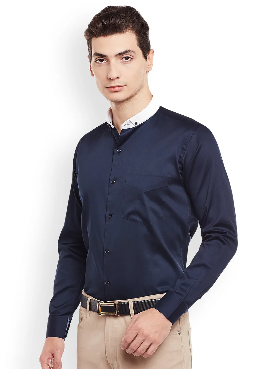 Men Navy Solid Pure Cotton Slim Fit Satin Formal Shirt