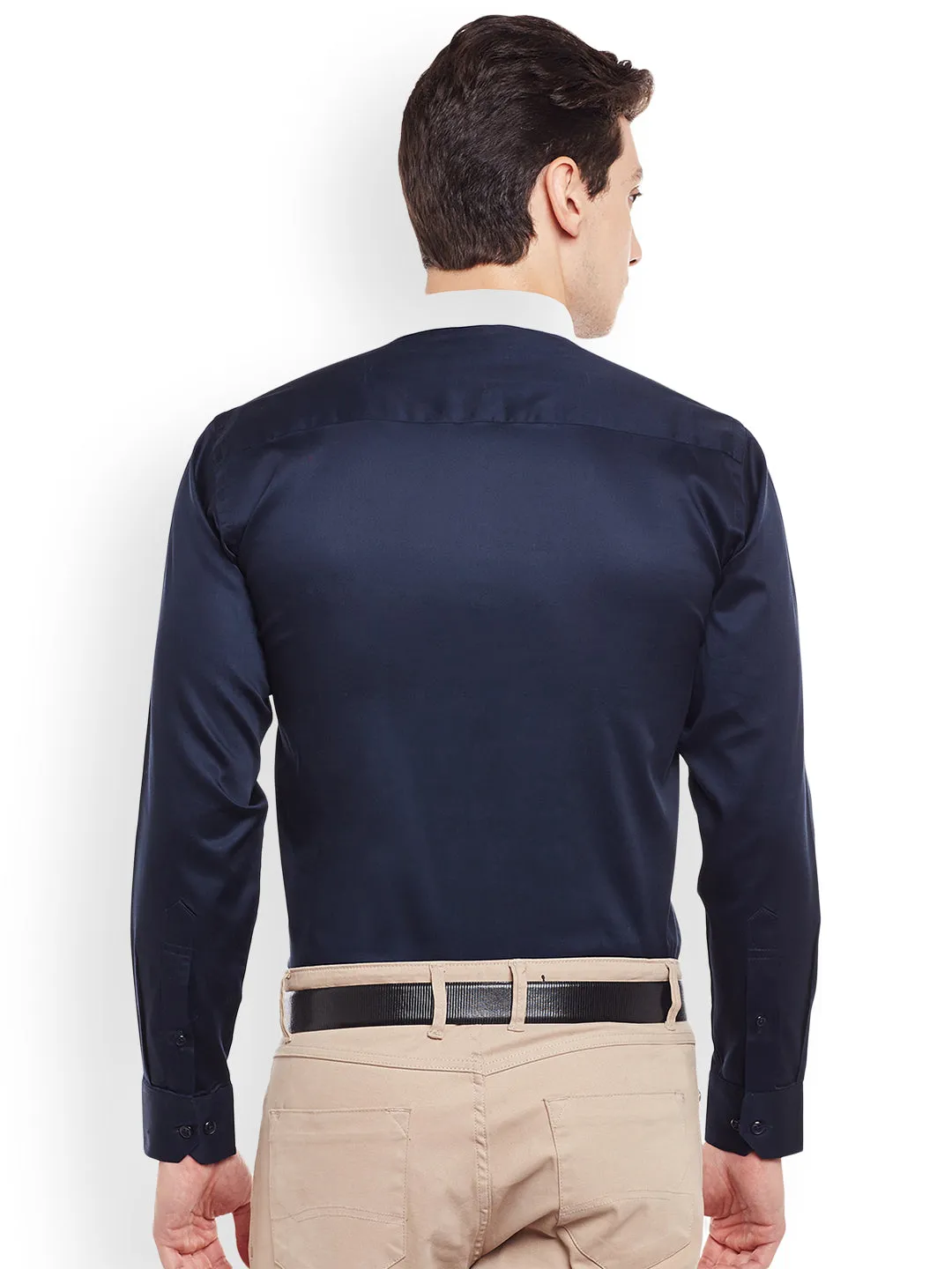 Men Navy Solid Pure Cotton Slim Fit Satin Formal Shirt