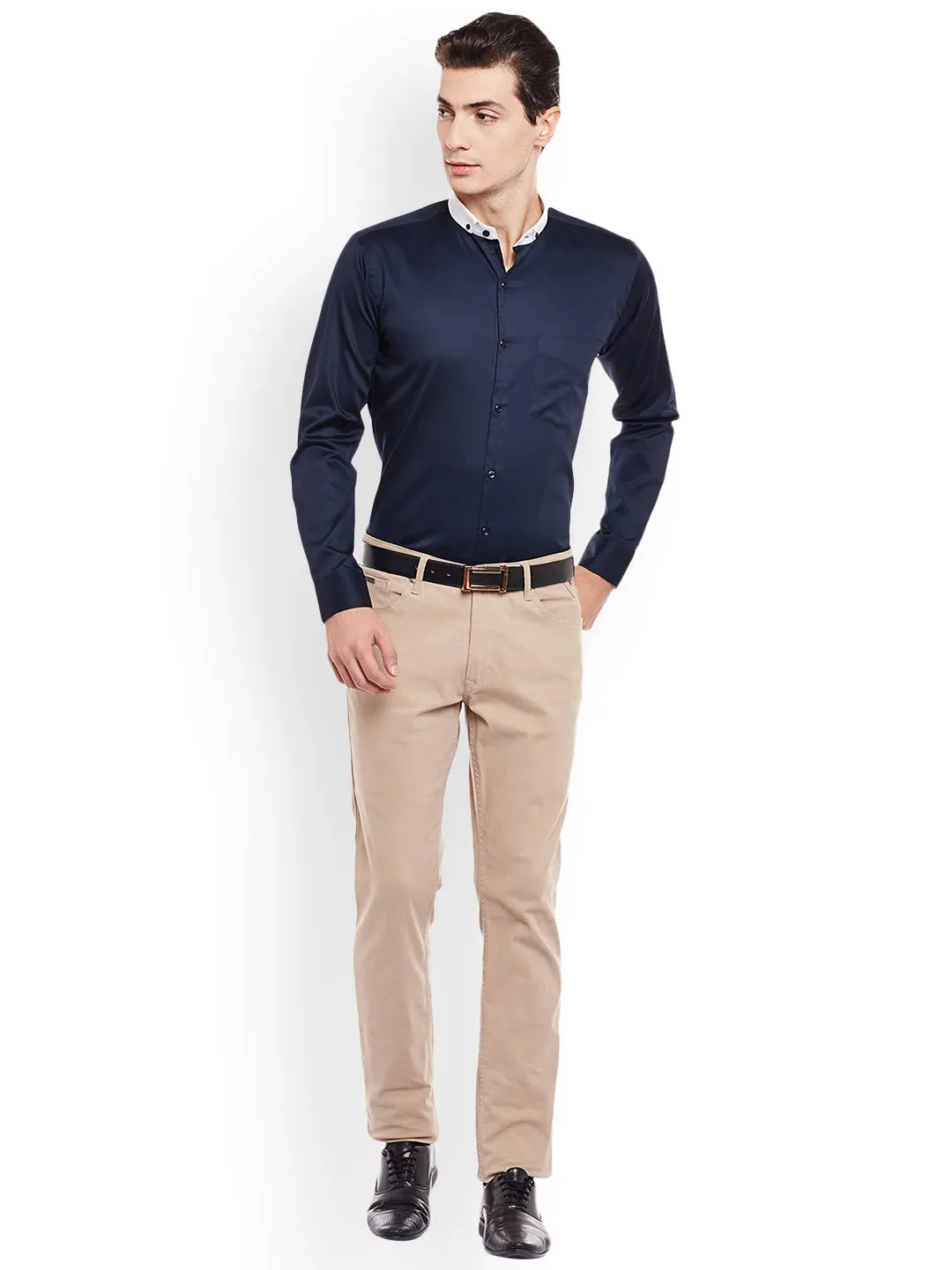 Men Navy Solid Pure Cotton Slim Fit Satin Formal Shirt