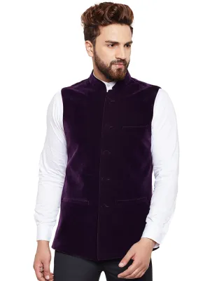 Men Wine Solid Velvet Slim Fit Party Wear Nehru Jacket