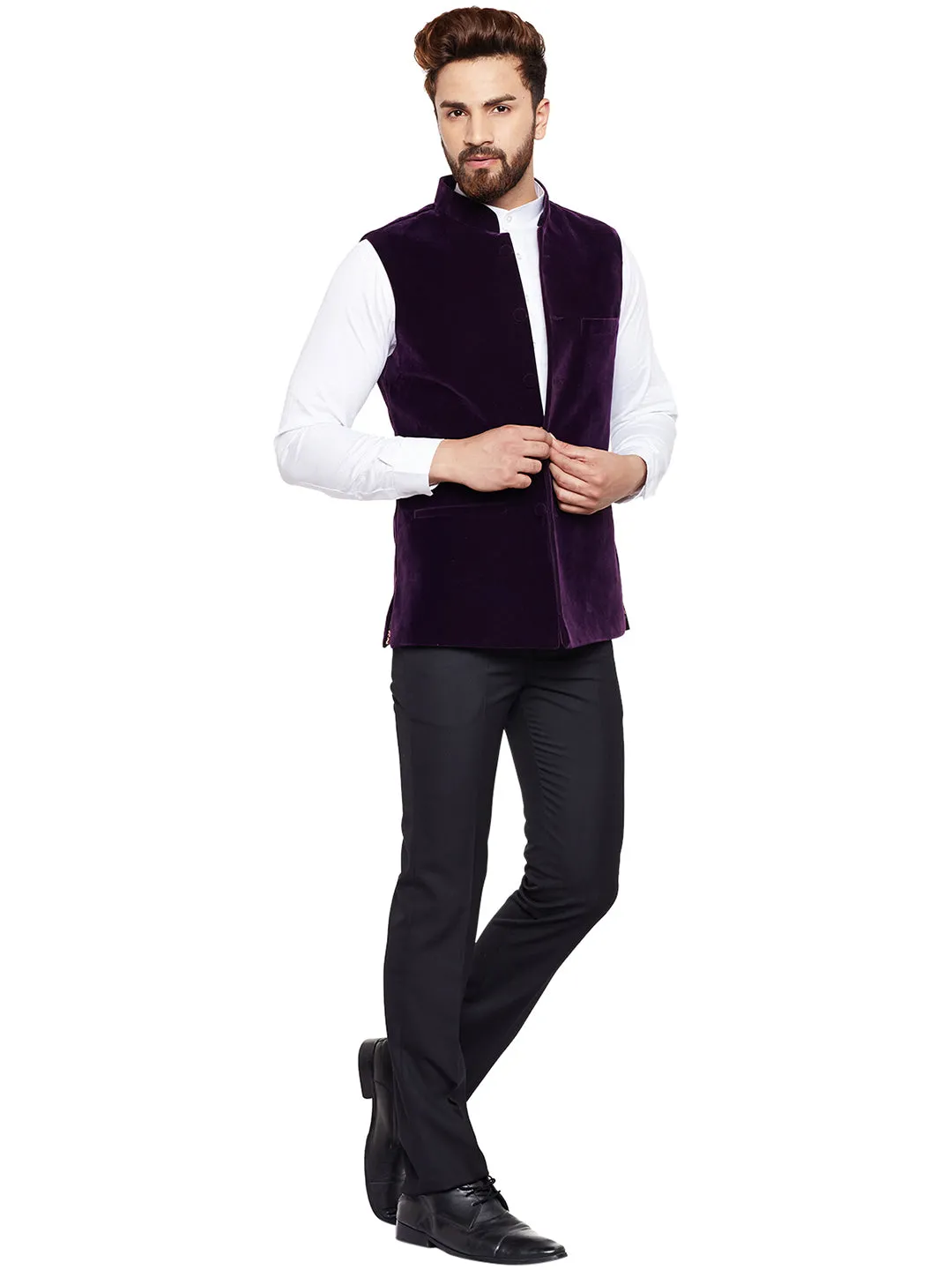 Men Wine Solid Velvet Slim Fit Party Wear Nehru Jacket