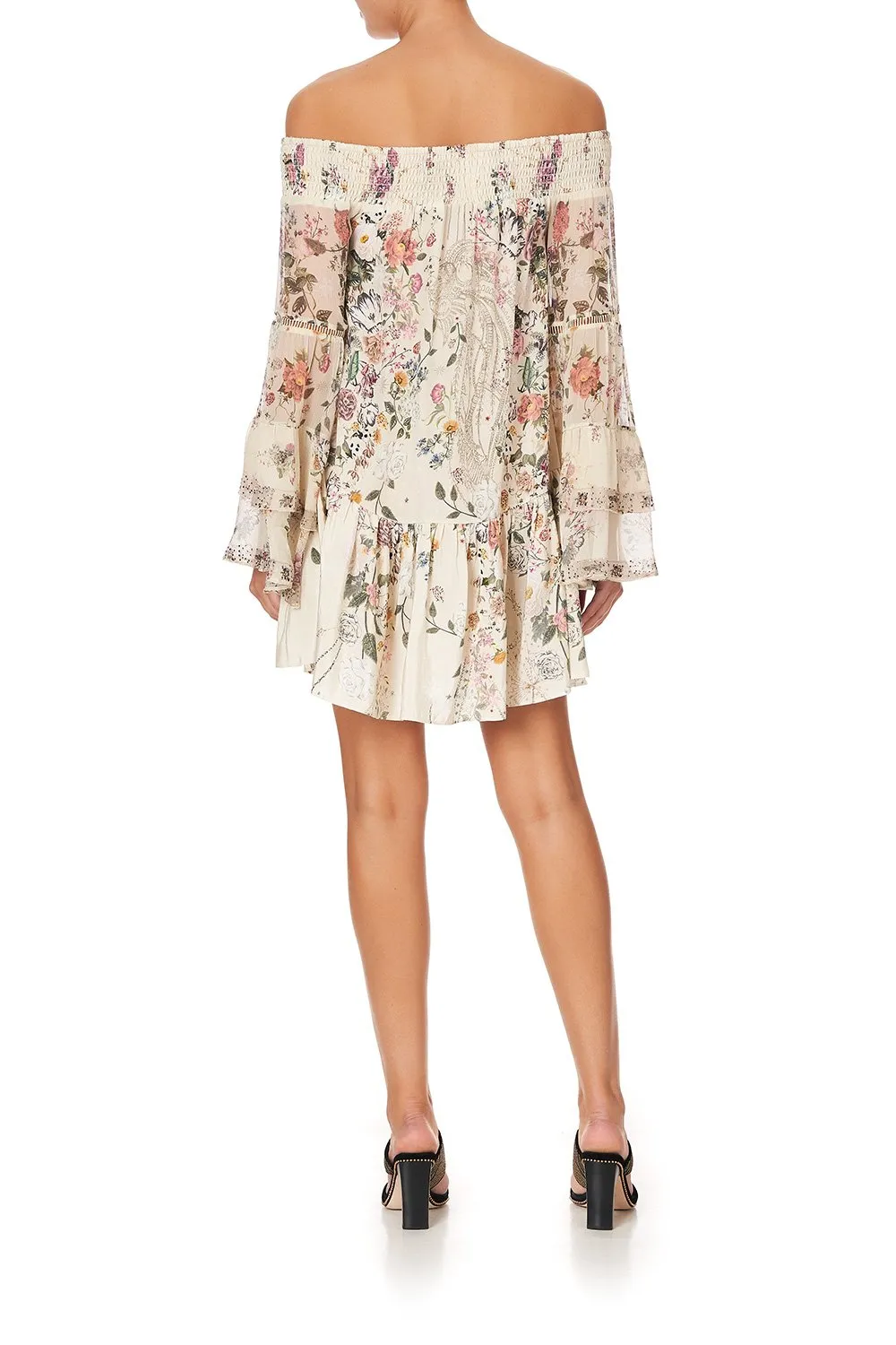 OFF SHOULDER DRESS WITH SMOCKING PHOENIX FLOWER