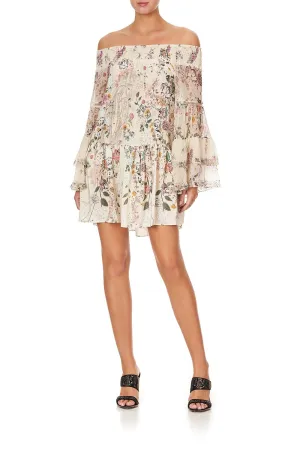 OFF SHOULDER DRESS WITH SMOCKING PHOENIX FLOWER