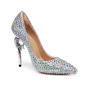 Rhinestone Point Toe Ankle Stiletto Heel Leather Pumps