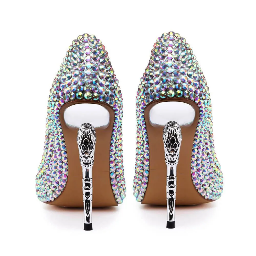 Rhinestone Point Toe Ankle Stiletto Heel Leather Pumps