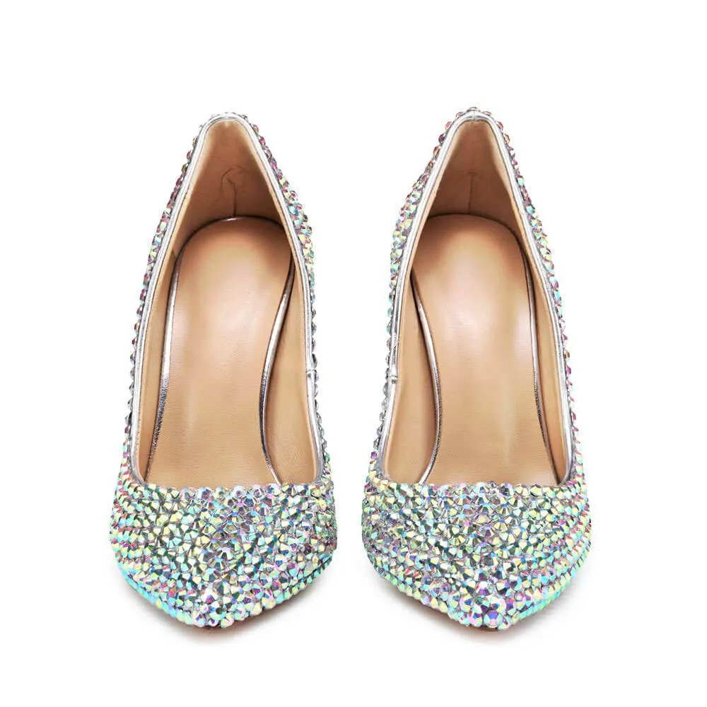 Rhinestone Point Toe Ankle Stiletto Heel Leather Pumps