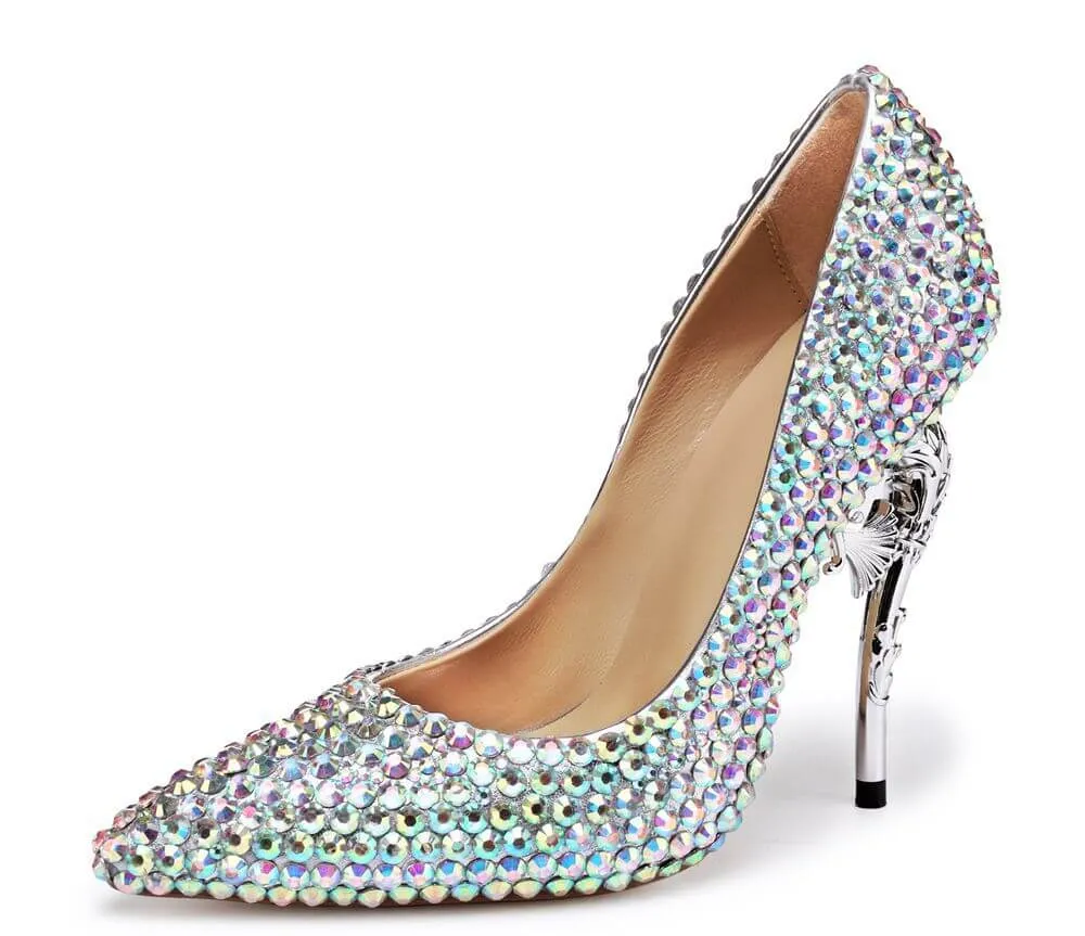 Rhinestone Point Toe Ankle Stiletto Heel Leather Pumps
