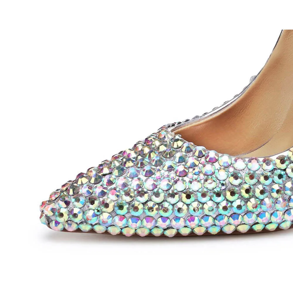 Rhinestone Point Toe Ankle Stiletto Heel Leather Pumps