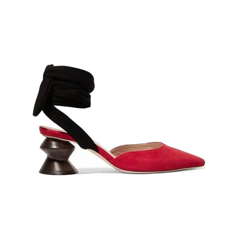Suede Point Toe Ankle Strap Chunky High Heels