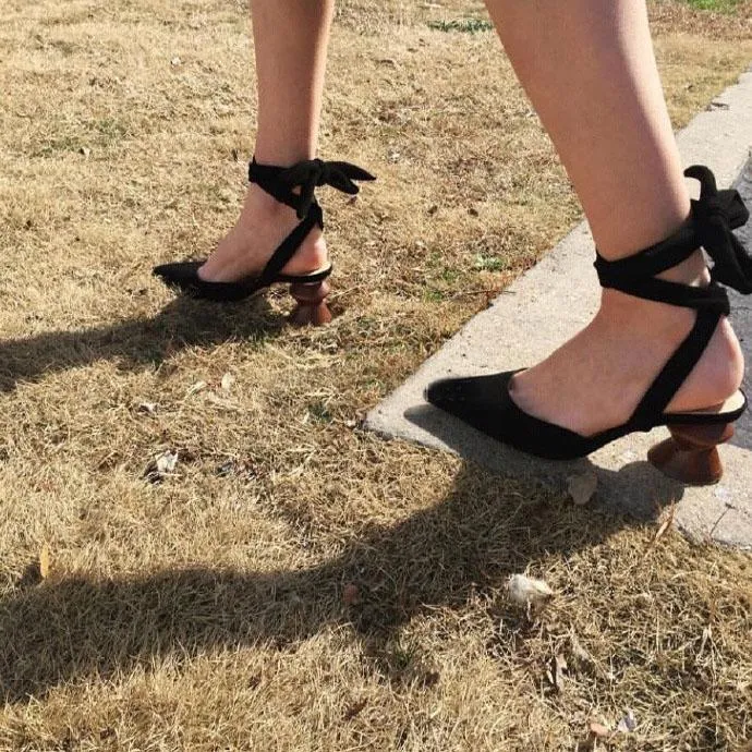Suede Point Toe Ankle Strap Chunky High Heels