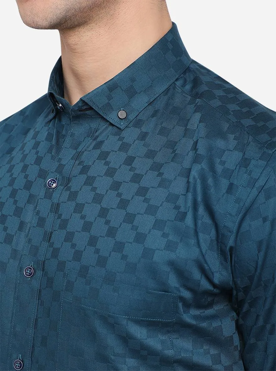 Teal Blue Solid Slim Fit Party Wear Shirt | Greenfibre