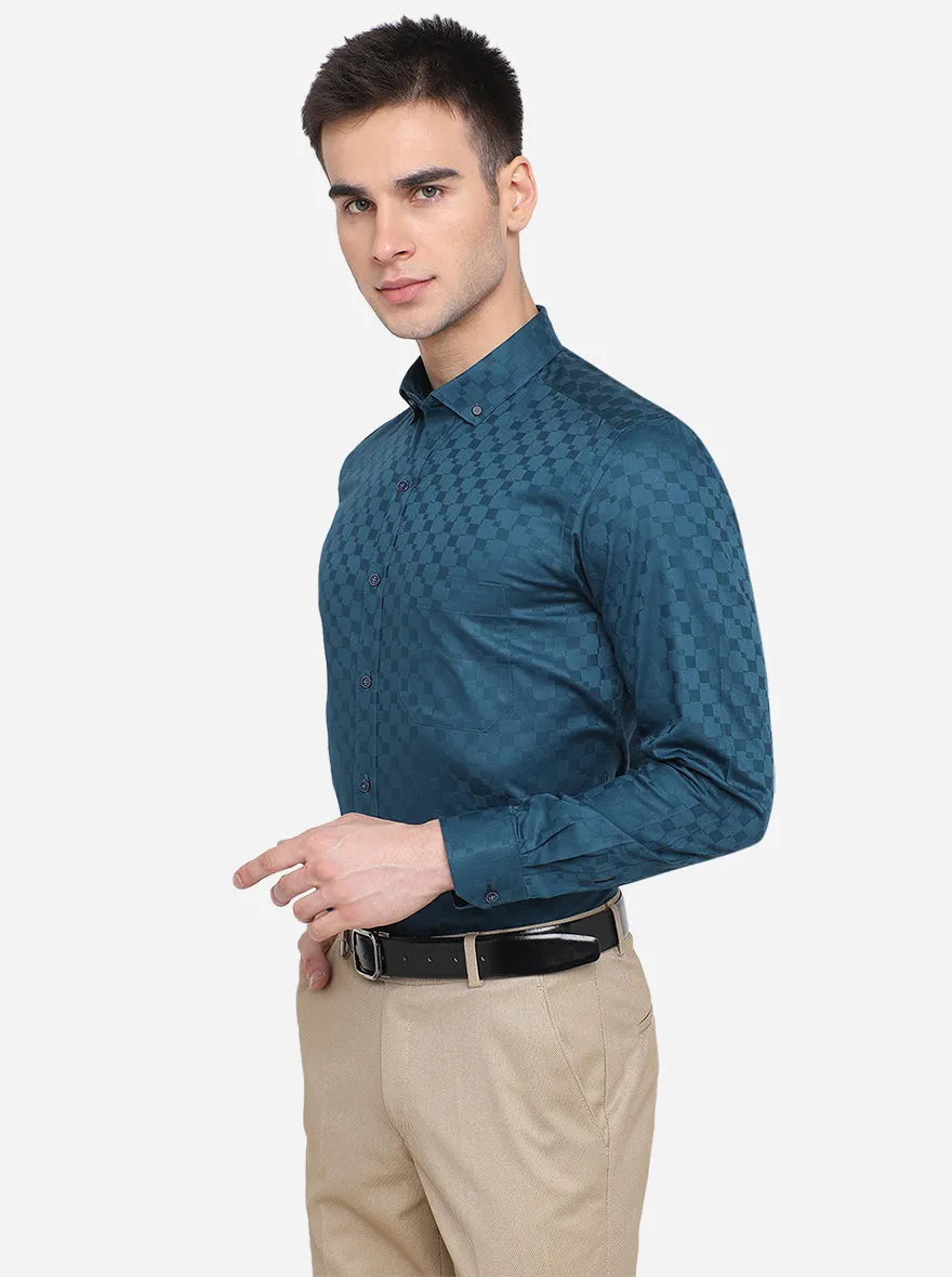 Teal Blue Solid Slim Fit Party Wear Shirt | Greenfibre