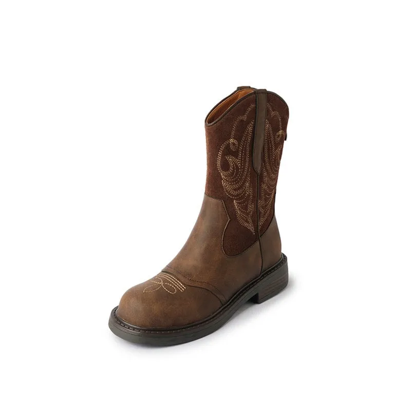 Vintage British Leather Western Boots Women's Embroidered Short Boots In Brown/Coffee
