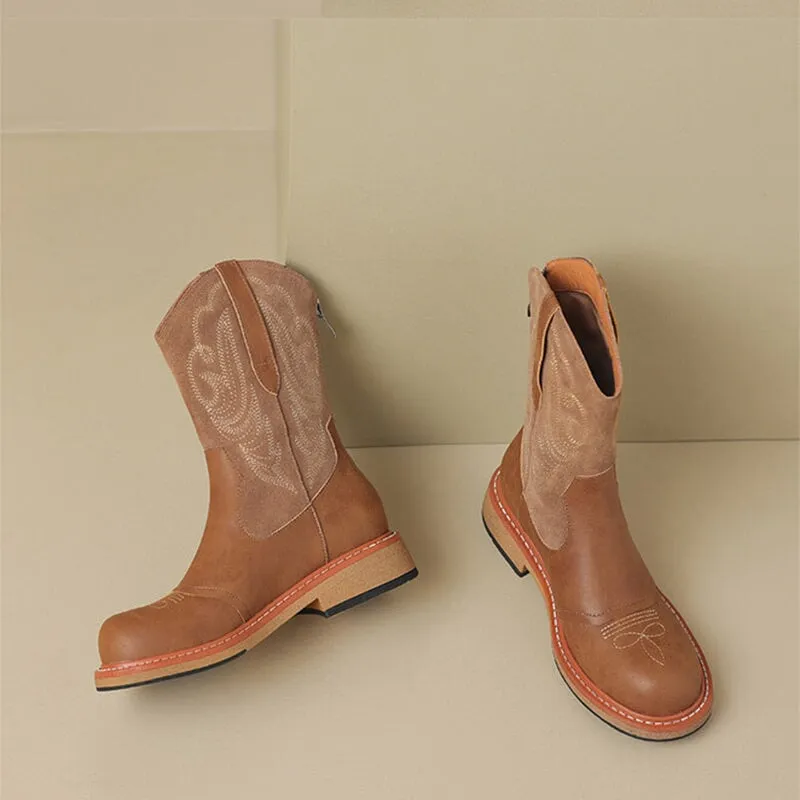 Vintage British Leather Western Boots Women's Embroidered Short Boots In Brown/Coffee