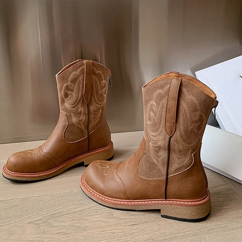 Vintage British Leather Western Boots Women's Embroidered Short Boots In Brown/Coffee