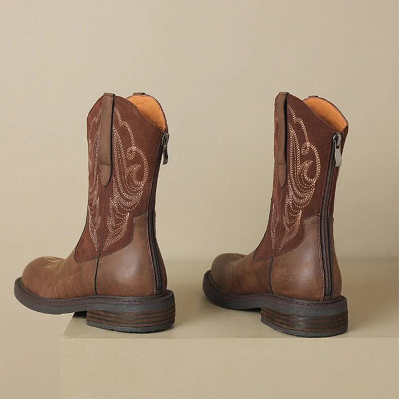 Vintage British Leather Western Boots Women's Embroidered Short Boots In Brown/Coffee