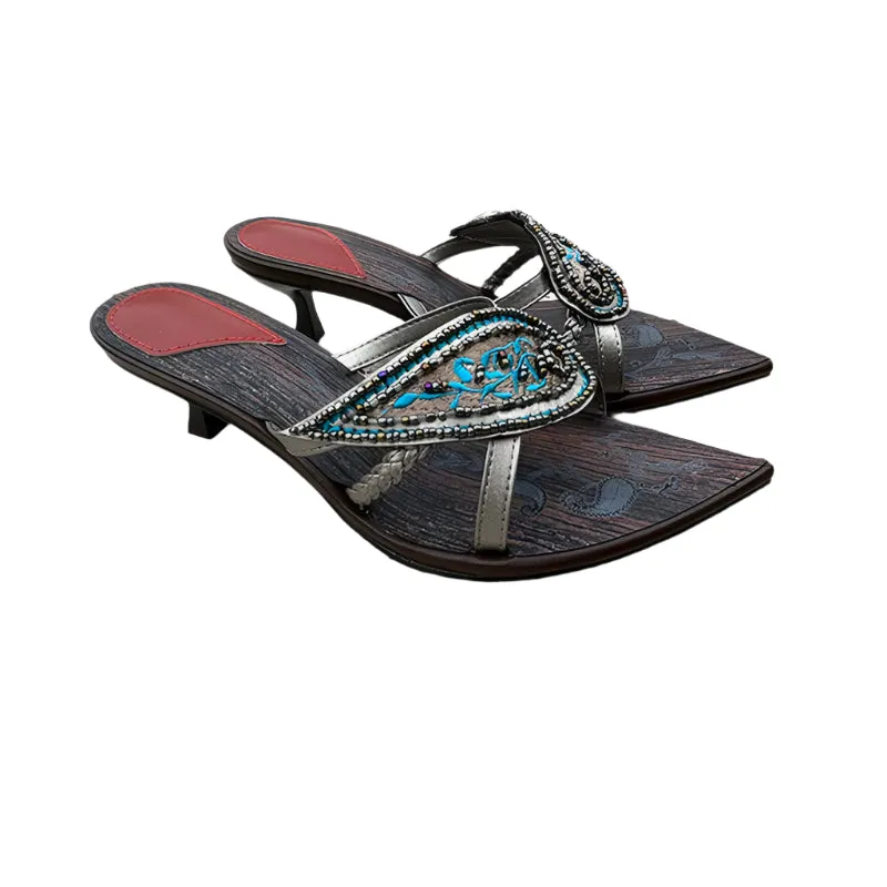 Vintage-Inspired Leather Sandals with Beaded Embellishments – Elegant Open-Toe Bohemian Heels