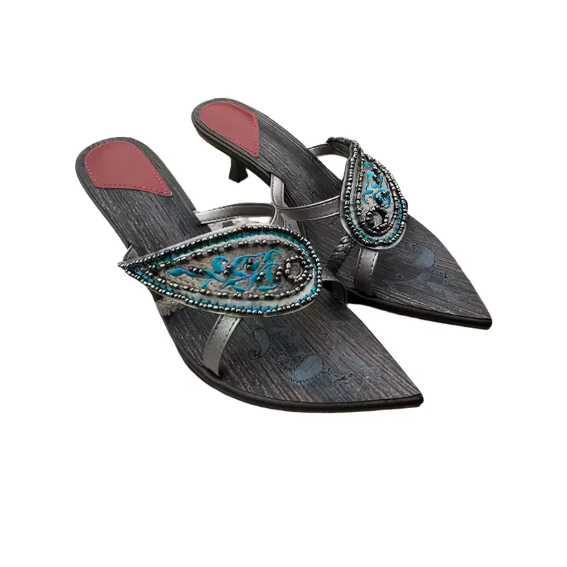 Vintage-Inspired Leather Sandals with Beaded Embellishments – Elegant Open-Toe Bohemian Heels
