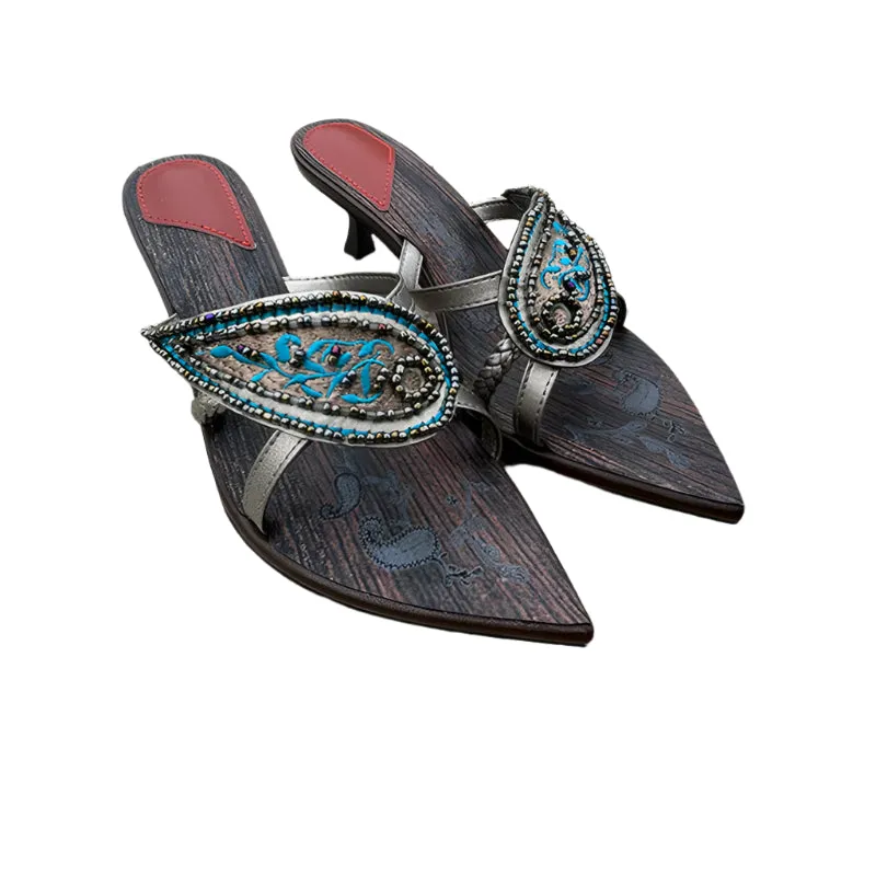 Vintage-Inspired Leather Sandals with Beaded Embellishments – Elegant Open-Toe Bohemian Heels