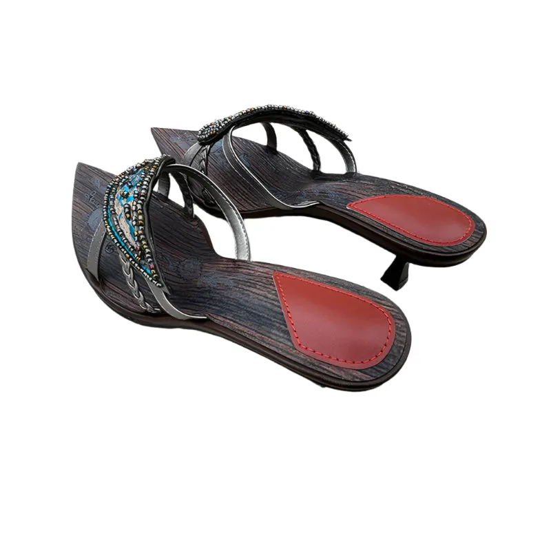 Vintage-Inspired Leather Sandals with Beaded Embellishments – Elegant Open-Toe Bohemian Heels