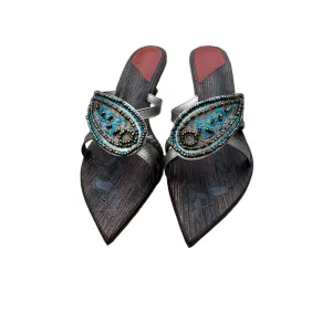 Vintage-Inspired Leather Sandals with Beaded Embellishments – Elegant Open-Toe Bohemian Heels