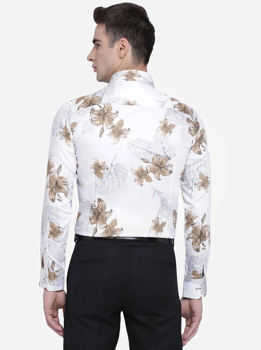 White & Beige Printed Slim Fit Party Wear Shirt | Greenfibre