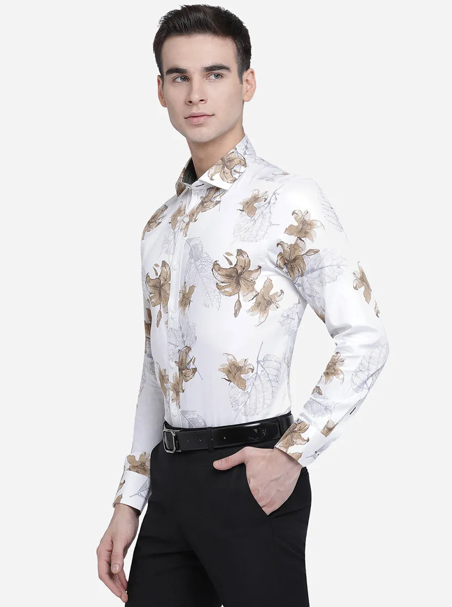 White & Beige Printed Slim Fit Party Wear Shirt | Greenfibre