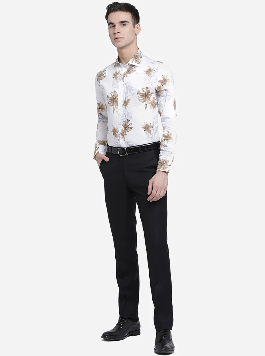 White & Beige Printed Slim Fit Party Wear Shirt | Greenfibre