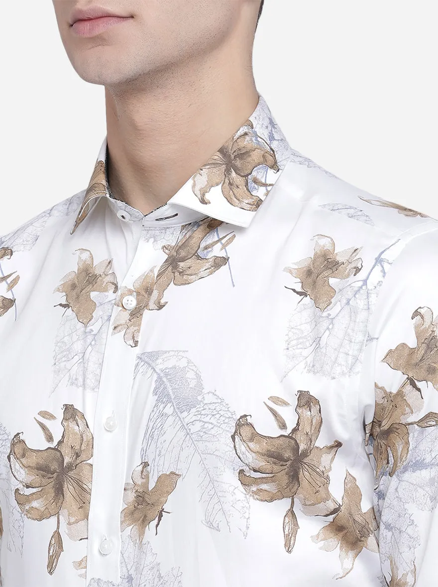 White & Beige Printed Slim Fit Party Wear Shirt | Greenfibre