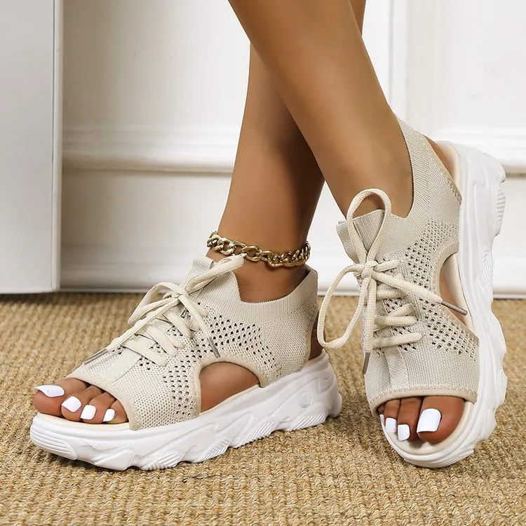 Women's Mesh Platform Lace-Up Fish Mouth Flyknit Open Toe Sandals
