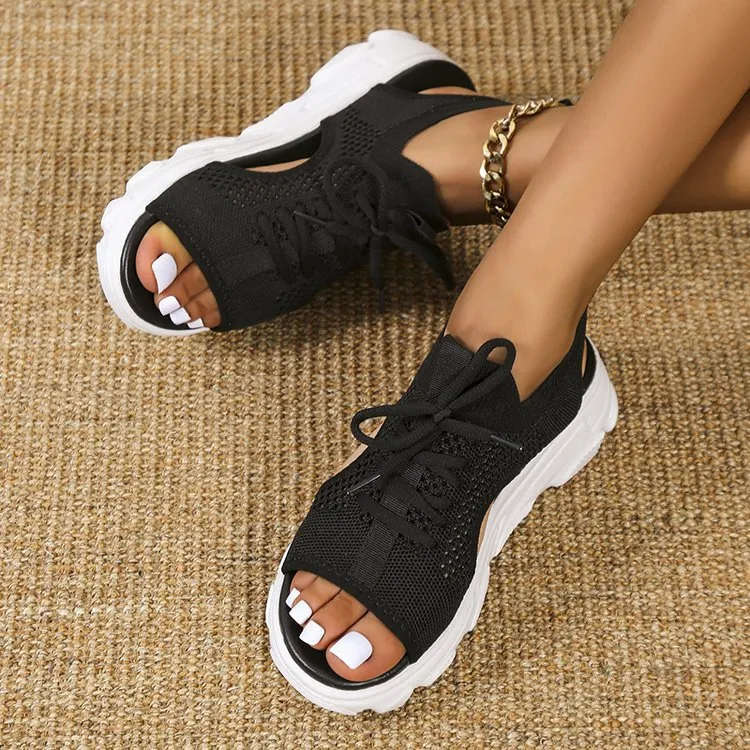 Women's Mesh Platform Lace-Up Fish Mouth Flyknit Open Toe Sandals