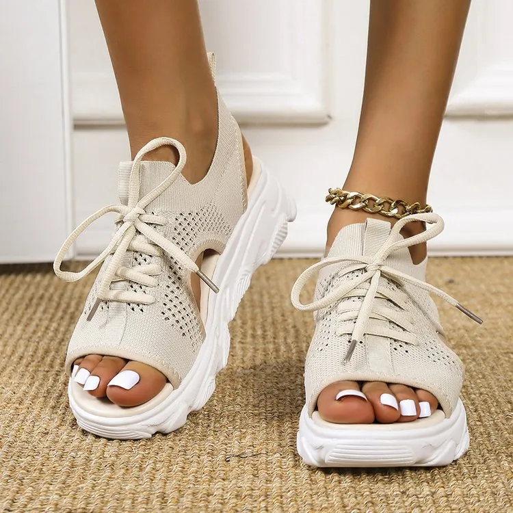 Women's Mesh Platform Lace-Up Fish Mouth Flyknit Open Toe Sandals